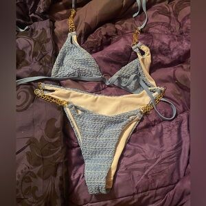 Blue and Cream Bikini with Gold Chain Accents